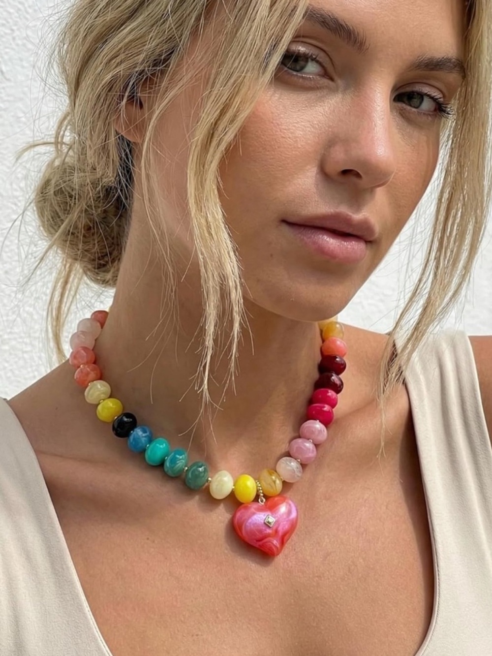 Heart Pendant Multicolor Beaded Necklace - Pink Heart